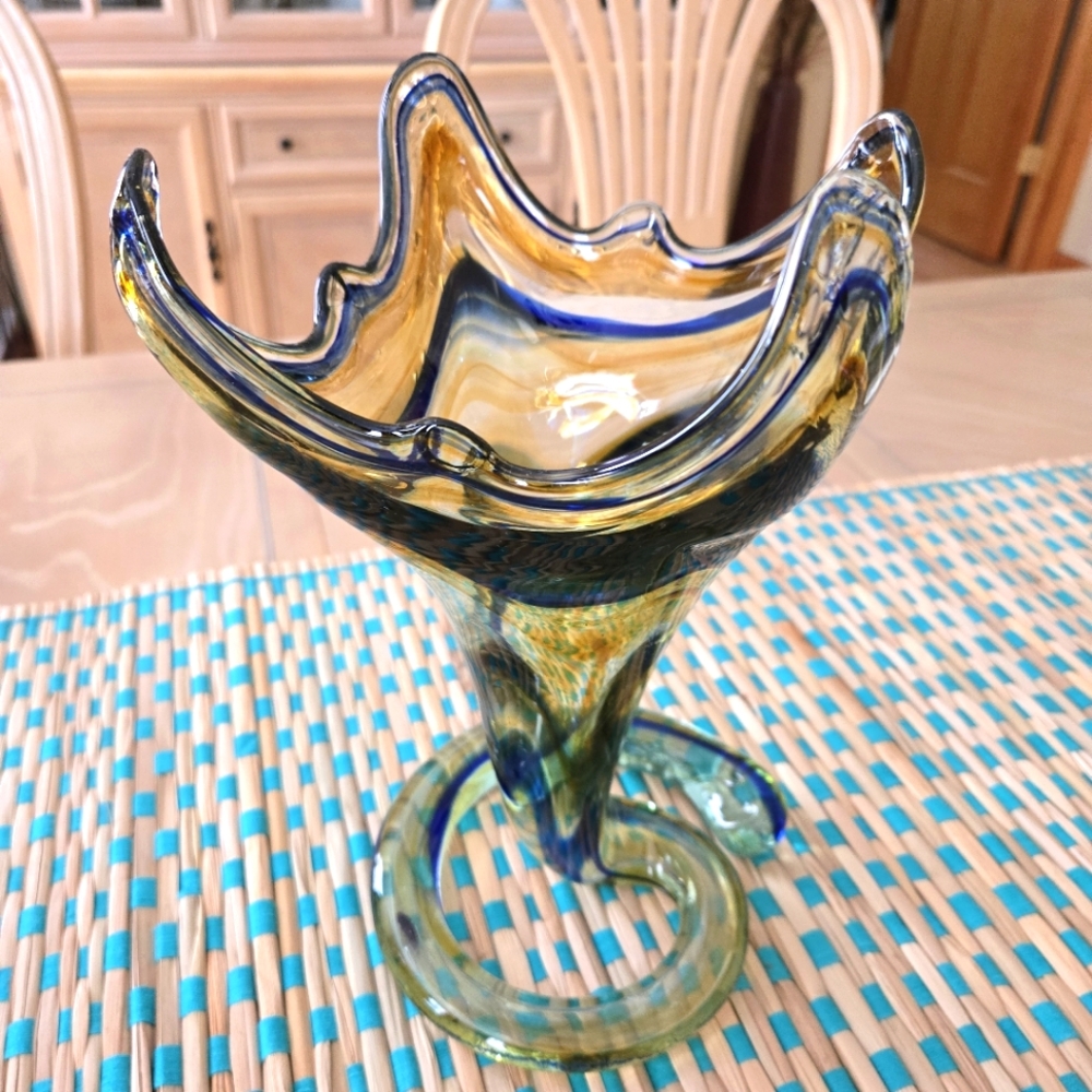 Vintage Mid-Century Free-Form Hand Blown Murano Style Swirl Glass Vase Coil Base
